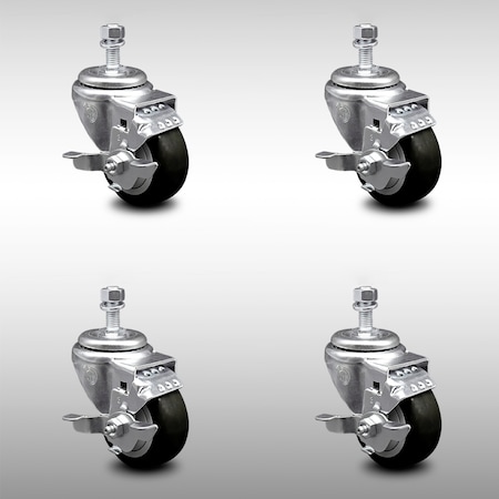Service Caster 3 Inch SS Black Polyurethane Swivel 12mm Threaded Stem Caster Set Brake SCC SCC-SSTS20S314-PPUB-BLK-TLB-M1215-4